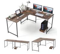 COSTWAY Bureau d'angle en L Réversible avec Multiprise 2 Prises & 2 Ports USB, 150x150x75 cm, Poste de Travail pour 2 Personnes avec Support Amovible pour PC/Moniteur, Montage Facile, Marron Rustique