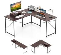 COSTWAY Bureau d'angle en L Réversible avec Support de Moniteur, Poste de Travail Industriel pour 2 Personnes avec 3 Trous de Câble, Assemblage Facile, 150 x 150 x 74 cm (Brun)