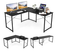 COSTWAY Bureau d'angle en L Réversible avec Support de Moniteur, Poste de Travail Industriel pour 2 Personnes avec 3 Trous de Câble, Assemblage Facile, 150 x 150 x 74 cm (Noir)