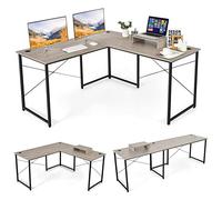 COSTWAY Bureau d'angle en L Réversible avec Support de Moniteur, Poste de Travail Industriel pour 2 Personnes avec 3 Trous de Câble, Assemblage Facile, 150 x 150 x 74 cm (Gris)