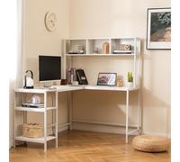 COSTWAY Bureau d'angle en L, Table d'Ordinateur avec Bibliothèque, Étagères de Rangement Ouvertes & Crochet pour Casque, Table Gaming Gain de Place, pour Bureau, Salle d'Étude, Salon (Blanc)