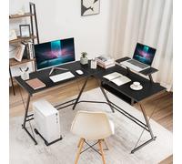 COSTWAY Bureau d'angle en L, table d'ordinateur avec support mobile, support d'écran amovible & tablette clavier extensible Table de bureau 130x126,5cm
