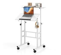 COSTWAY Bureau Debout Mobile, Chariot pour Ordinateur Portable à Hauteur Réglable avec Plateau Angle Ajustable, 2 Crochets Amovibles et roulettes Verrouillables pour Bureau (Blanc)
