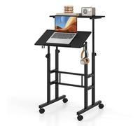 COSTWAY Bureau Debout Mobile, Chariot pour Ordinateur Portable à Hauteur Réglable avec Plateau Angle Ajustable, 2 Crochets Amovibles et roulettes Verrouillables pour Bureau (Noir)
