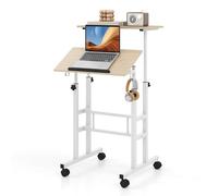 COSTWAY Bureau Debout Mobile, Chariot pour Ordinateur Portable à Hauteur Réglable avec Plateau Angle Ajustable, 2 Crochets Amovibles et roulettes Verrouillables pour Bureau (Blanc + Naturel)