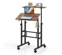 COSTWAY Bureau Debout Mobile, Chariot pour Ordinateur Portable à Hauteur Réglable avec Plateau Angle Ajustable, 2 Crochets Amovibles et roulettes Verrouillables pour Bureau (Noir + Noyer)