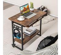 COSTWAY Bureau d'Ordinateur à roulettes, Bureau Informatique Mobile avec Plateau Clavier Extractible, 3 Crochets, Étagère de Rangement, pour Bureau à Domicile, Chambre d’Enfant (Marron Rustique)