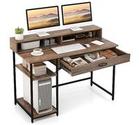COSTWAY Bureau d'Ordinateur avec Étagère pour Moniteur, Bureau Informatique avec Tiroir de Rangement et 2 Étagères Ouvertes, Support UC, Style Industriel, 120 x 56 x 90,5 cm, Marron