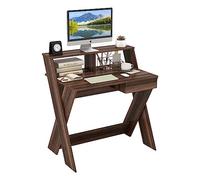 COSTWAY Bureau d'Ordinateur avec Tiroir, Bureau Informatique en Forme de X avec Support d'Écran, Repose-Pieds, Table de Bureau pour Étudier, Jouer, Travailler (Noyer)