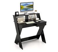 COSTWAY Bureau d'Ordinateur avec Tiroir, Bureau Informatique en Forme de X avec Support d'Écran, Repose-Pieds, Table de Bureau pour Étudier, Jouer, Travailler (Noir)