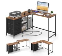 COSTWAY Bureau d'Ordinateur en Forme de L 140 cm, Bureau d'angle Convertible avec Multiprise 2 Prises et 2 USB, 3 Tiroirs en Tissu et Étagères de Rangement, 2 Façons d’Assembler(Marron Rustique)