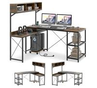 COSTWAY Bureau d'Ordinateur en Forme de L avec Prises Électriques, Table d'angle Réversible avec Étagère de Rangement, Compartiments, Support PC Mobile, Poste de Travail pour Bureau, Chambre