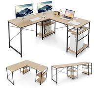 COSTWAY Bureau d'ordinateur en Forme de L, Bureau d'angle Convertible de 151cm 4 Étagères de Rangement Support CPU, 2 Façons d’Assembler, Charge 180 kg pour Bureau à Domicile (Naturel)