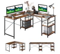 COSTWAY Bureau d'ordinateur en Forme de L, Bureau d'angle Convertible de 151cm 4 Étagères de Rangement Support CPU, 2 Façons d’Assembler, Charge 180 kg pour Maison (Marron Rustique)