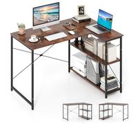 COSTWAY Bureau d'Ordinateur en Forme de L, Bureau d'angle Réversible avec Étagère Réglable, Table d'Étude Gain de Place avec Cadre Métallique Robuste pour Bureau à Domicile (Marron Rustique)