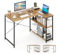 COSTWAY Bureau d'Ordinateur en Forme de L, Bureau d'angle Réversible avec Étagère Réglable, Table d'Étude Gain de Place avec Cadre Métallique Robuste pour Bureau à Domicile (Naturel)