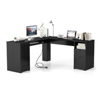 COSTWAY Bureau d'Ordinateur en Forme de L de 168 cm, Bureau d'angle avec Ports de Charge USB & Type-C et 2 Prises de Courant, 2 Tiroirs, Plateau à Clavier, Armoire de Rangement Étagère Réglable (Noir)