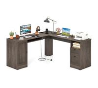 COSTWAY Bureau d'Ordinateur en Forme de L de 168 cm, Bureau d'angle avec Ports de Charge USB & Type-C et 2 Prises de Courant, 2 Tiroirs, Plateau à Clavier, Armoire de Rangement Étagère Réglable (Gris)