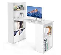 COSTWAY Bureau d'Ordinateur Réversible avec Bibliothèque, Poste de Travail Moderne avec Étagères de Rangement à 6 Niveaux, Assemblage Facile, pour Maison, Bureaux (Blanc)