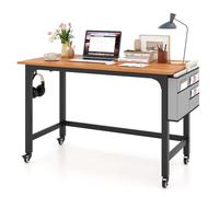 COSTWAY Bureau d'Ordinateur Roulant 120 cm, avec Sac en Tissu Détachable et Crochets, Bureau Informatique Mobile avec Cadre en Métal, Table de Travail pour Salon, Chambre, Teck