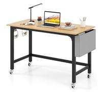 COSTWAY Bureau d'Ordinateur Roulant 120 cm, avec Sac en Tissu Détachable et Crochets, Bureau Informatique Mobile avec Cadre en Métal, Table de Travail pour Salon, Chambre (Naturel)