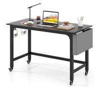 COSTWAY Bureau d'Ordinateur Roulant 120 cm, avec Sac en Tissu Détachable et Crochets, Bureau Informatique Mobile avec Cadre en Métal, Table de Travail pour Salon, Chambre, Noir