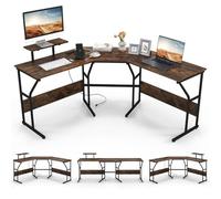 COSTWAY Bureau en Forme de ‘L’ avec Prises de Courant, Bureau d'angle avec Support d'Ecran Amovible, Poste de Travail Informatique de 225 cm de Long pour 2 Personnes (Marron Rustique)