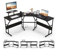 COSTWAY Bureau en Forme de ‘L’ avec Prises de Courant, Bureau d'angle avec Support d'Ecran Amovible, Poste de Travail Informatique de 225 cm de Long pour 2 Personnes (Noir)