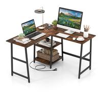 COSTWAY Bureau en Forme de L avec Station de Recharge et Ports USB A & C, Bureau d'angle de 120 x 120 cm, Etagères de Rangement, Poste de Travail Polyvalent, Cadre en Métal (Marron Rustique)