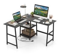 COSTWAY Bureau en Forme de L avec Station de Recharge et Ports USB A & C, Bureau d'angle de 120 x 120 cm, Etagères de Rangement, Poste de Travail Polyvalent, Cadre en Métal (Noir)