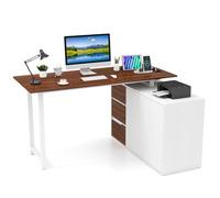 COSTWAY Bureau en Forme de L, Bureau d'angle avec Armoire à Dossiers et Prise Électrique, Table Réversible avec 3 Tiroirs, Station de Travail Informatique pour Bureau à Domicile (Brun + Blanc)