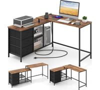 COSTWAY Bureau en L avec prise électrique, 3 tiroirs en tissu & tablettes grillagées, 205cm table d'ordinateur, bureau d'angle réversible