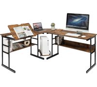COSTWAY Bureau en L, bureau d'angle en bois avec plateau inclinable, bibliothèque inférieure & support d'unité centrale, table à dessin table d'ordinateur pour la maison bureau, 170 x 150 x 75 cm (noy