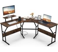 COSTWAY Bureau en L, bureau d'angle réversible avec support d'écran et station de charge, table d'ordinateur gaming, table de bureau Marron rustique