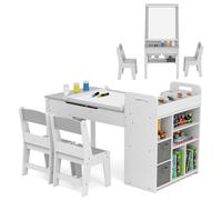 COSTWAY Bureau Enfant en Bois avec 2 Chaises, Plateau Rabattable & Table à Dessin, Espace de Rangement & Rouleau de Papier, Pieds en Pin, Charge 100/165kg (Gris)