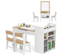 COSTWAY Bureau Enfant en Bois avec 2 Chaises & Plateau Table Rabattable, Table à Dessin avec Espace de Rangement & Rouleau de Papier, Pieds en Pin, Charge 100/165kg (Naturel)
