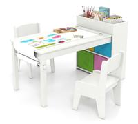 COSTWAY Bureau Enfant en Bois avec 2 Chaises & Rouleau de Papier, Table Enfant avec 4 Bacs en Tissu & 4 Compartiments & Étagères Ouvertes, Table à Dessin pour 3 Ans+, Charge 50/60kg (Blanc)