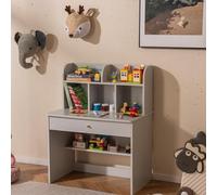 COSTWAY Bureau Enfant en Bois avec 5 Compartiments & Tiroir & Étagère, Table Enfant avec Hauteur Raisonnable 62 cm & Patins Antidérapants, Charge 90KG pour Maison École, 3 Ans+ (Gris)