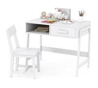 COSTWAY Bureau Enfant en Bois de Pin avec Chaise et Grand Tiroir, Table d'Étude Enfant avec Étagère de Rangement, Charge 90/50kg pour Chambre Salle d'Étude pour Garçon Fille de 3 Ans+ (Blanc)
