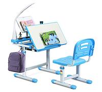 COSTWAY Bureau Enfant Ensemble Table et Chaise pour Enfants avec Lampe Hauteur Réglable Plaque de Table Inclinable pour Etude Travail Charge Max 80KG (Bleu)