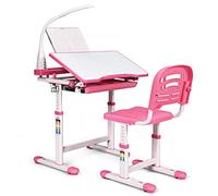 COSTWAY Bureau Enfant Ensemble Table et Chaise pour Enfants avec Lampe Hauteur Réglable Plaque de Table Inclinable pour Etude Travail Charge Max 80KG (Rose)