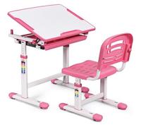 COSTWAY Bureau Enfant Ergonomique Hauteurs et Angle Réglable 0-40° Ensemble Table avec Chaises,Table à Dessin avec 1 Tiroir Rose