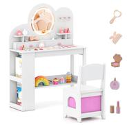 COSTWAY Bureau Enfant Fille avec Chaise & Miroir Éclairé, Coiffeuse Enfants Fille en Forme Nuage avec Tiroir & Bibliothèque & Étagères Ouvertes, Dispositif Anti-basculement pour 3 Ans+ (Blanc)