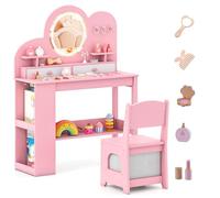 COSTWAY Bureau Enfant Fille avec Chaise & Miroir Éclairé, Coiffeuse Enfants Fille en Forme Nuage avec Tiroir & Bibliothèque & Étagères Ouvertes, Dispositif Anti-basculement pour 3 Ans+ (Rose)
