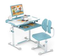 COSTWAY Bureau Enfant Fille Garçon avec Chaise Ergonomique & Plateau Incliné, Table et Chaise Enfant avec Hauteur Réglable & Support de Livre, Tiroir, Charge 80/100kg pour 3 Ans+ (Bleu)