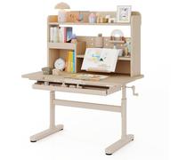 COSTWAY Bureau Enfant Fille Garcon avec Hauteur Réglable, Table Enfant avec Plateau Inclinable, Bibliothèque, Étagères, Tiroir, Support de Livre, Porte-Stylo, Charge 80 kg, pour 3-12 Ans (Naturel)
