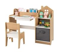 COSTWAY Bureau Enfant Garçon Fille avec Chaise & 2 Compartiments, Table Enfant avec Tiroir & Bac de Rangement en Tissu, Étagères Ouvertes, Table à Dessin pour 3 Ans+, Charge 20/50kg