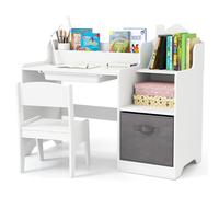COSTWAY Bureau Enfant Garçon Fille avec Chaise & 2 Compartiments, Table Enfant avec Tiroir & Bac de Rangement en Tissu, Étagères Ouvertes, Table à Dessin pour 3 Ans+, Charge 20/50kg (Blanc)