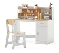 COSTWAY Bureau Enfant Garçon Fille avec Chaise Ergonomique & Tableau d'Affichage en Liège, Table Enfant avec Étagère & Tiroir & Armoire de Rangement, Charge 60/100kg pour 3 Ans+ (Naturel)