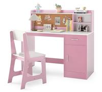 COSTWAY Bureau Enfant Garçon Fille avec Chaise Ergonomique & Tableau d'Affichage en Liège, Table Enfant avec Étagère & Tiroir & Armoire de Rangement, Charge 60/100kg pour 3 Ans+ (Rose)